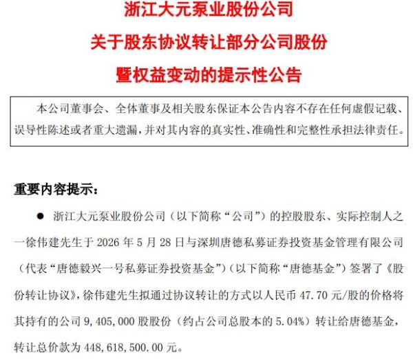 折价超18%！深圳一私募拟自掏约4.5亿元“举牌”大元泵业，公司股价提前涨停遭“抢跑”质疑