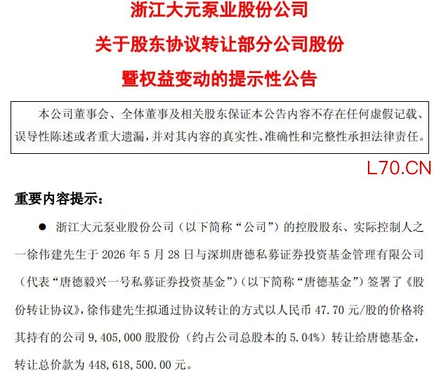 图片来源：大元泵业公告